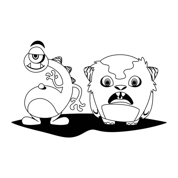 Monstres drôles couple personnages de bande dessinée monochrome — Image vectorielle