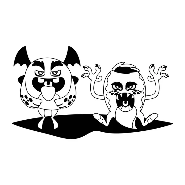 Grappige monsters paar komische personages monochroom — Stockvector