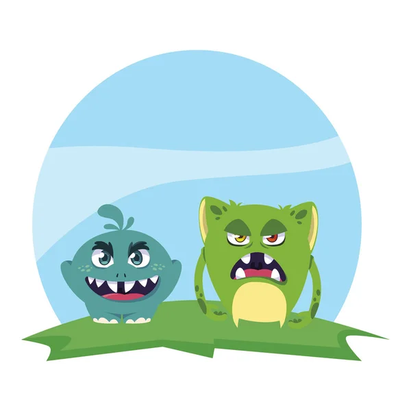 Engraçado monstros casal no campo personagens coloridos — Vetor de Stock