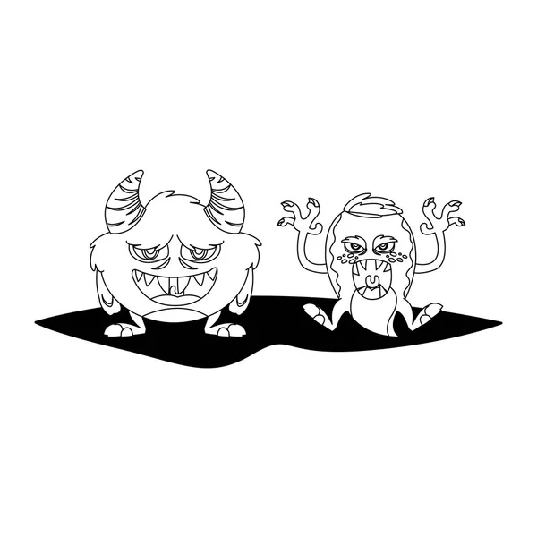 Grappige monsters paar komische personages monochroom — Stockvector