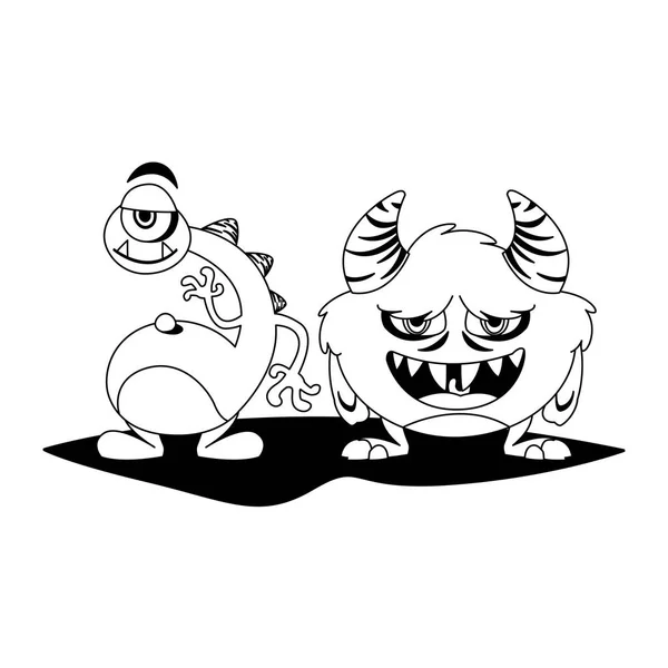 Divertidos monstruos pareja personajes cómicos monocromo — Vector de stock