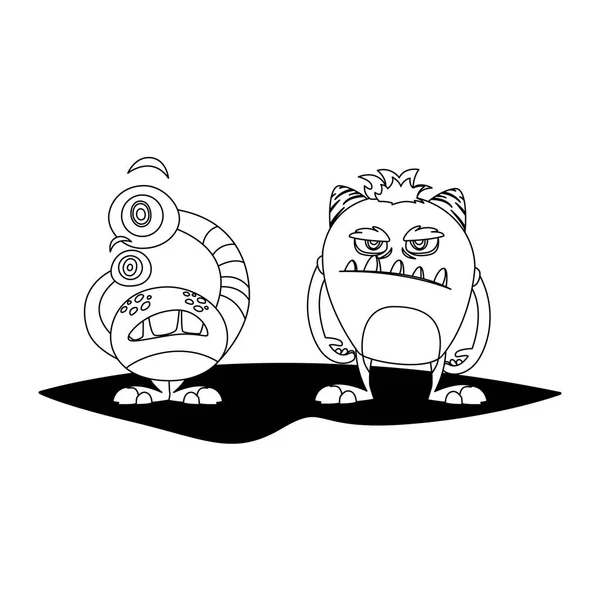 Lustige Monster paaren Comic-Figuren monochrom — Stockvektor