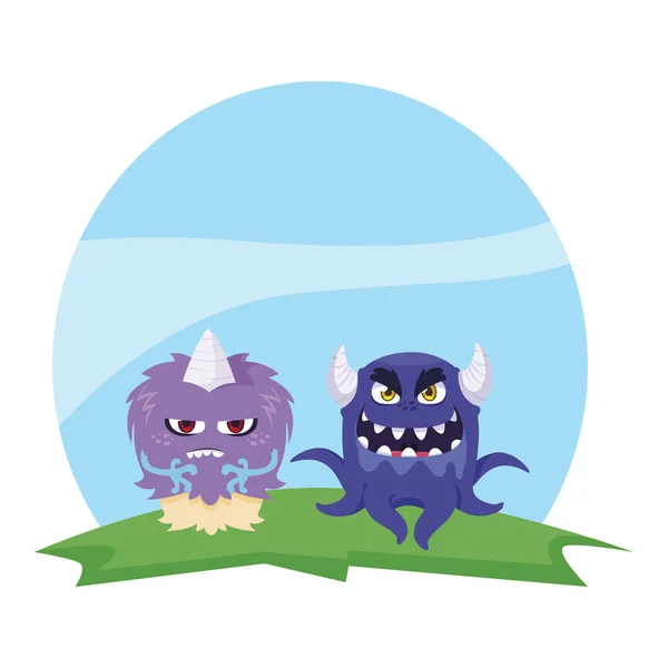 Lustige Monster Paar im Feld Charaktere bunt — Stockvektor
