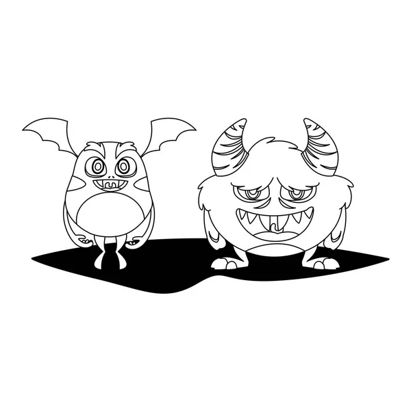 Divertidos monstruos pareja personajes cómicos monocromo — Vector de stock