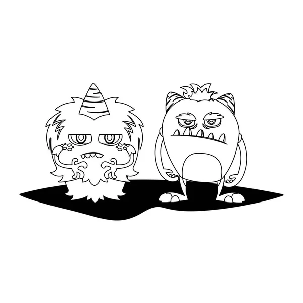 Смешные монстры пара комических персонажей монохромные — стоковый вектор