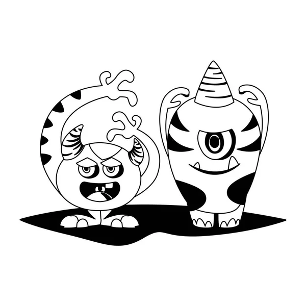 Divertidos monstruos pareja personajes cómicos monocromo — Vector de stock