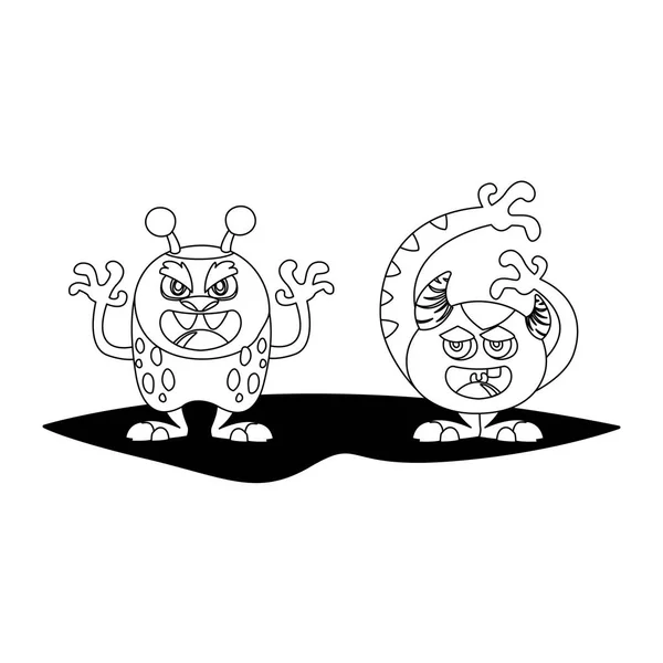 Divertidos monstruos pareja personajes cómicos monocromo — Vector de stock