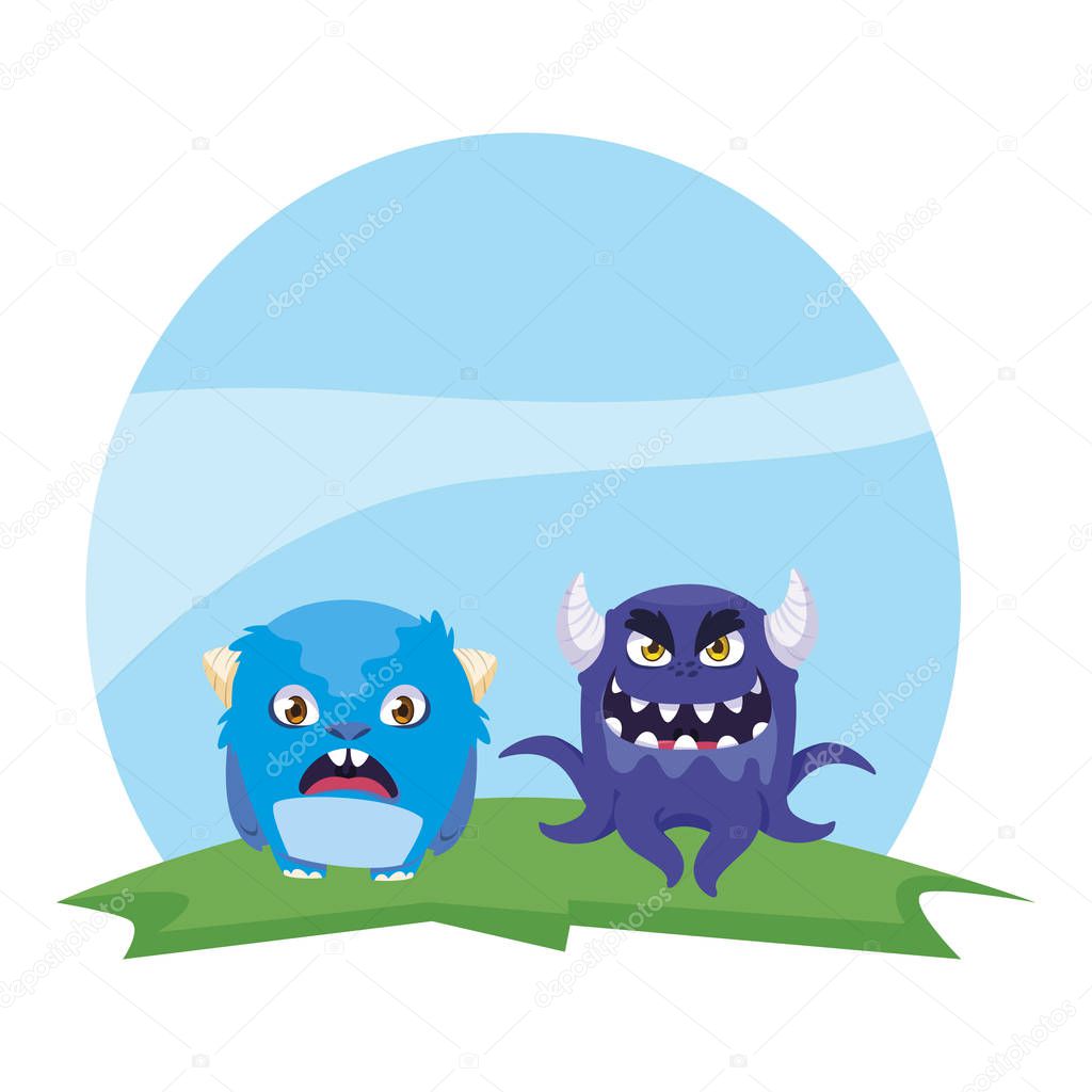 funny monsters couple in the field characters colorful