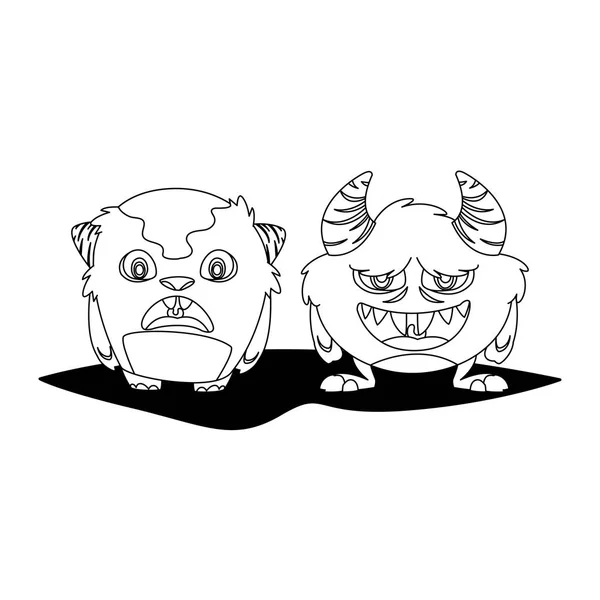 Divertidos monstruos pareja personajes cómicos monocromo — Vector de stock