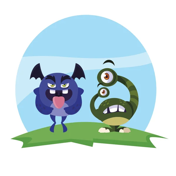 Engraçado monstros casal no campo personagens coloridos — Vetor de Stock