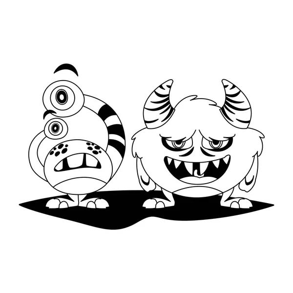 Grappige monsters paar komische personages monochroom — Stockvector