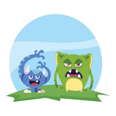 funny monsters couple in the field characters colorful clipart