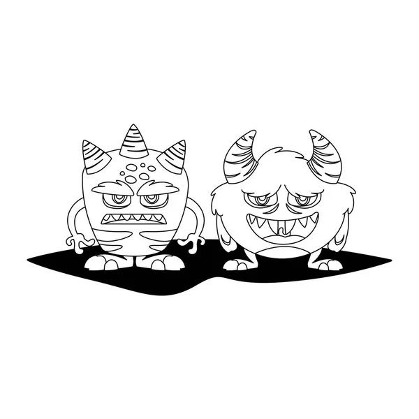 Divertidos monstruos pareja personajes cómicos monocromo — Vector de stock