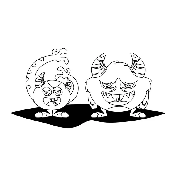 Divertidos monstruos pareja personajes cómicos monocromo — Vector de stock