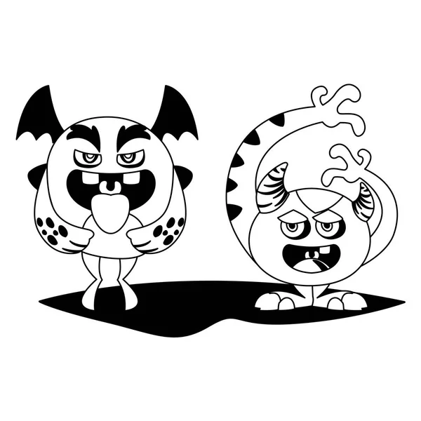 Divertidos monstruos pareja personajes cómicos monocromo — Vector de stock