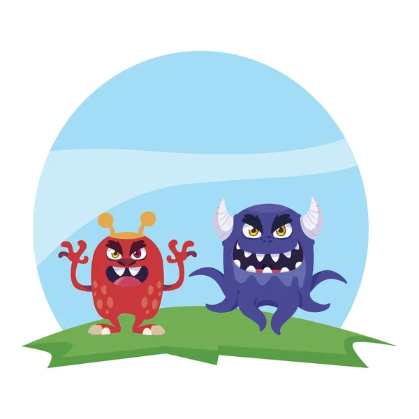 Divertido monstruos pareja en el campo personajes colorido — Vector de stock