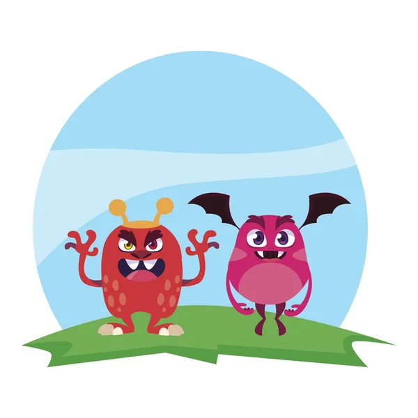 Lustige Monster Paar im Feld Charaktere bunt — Stockvektor