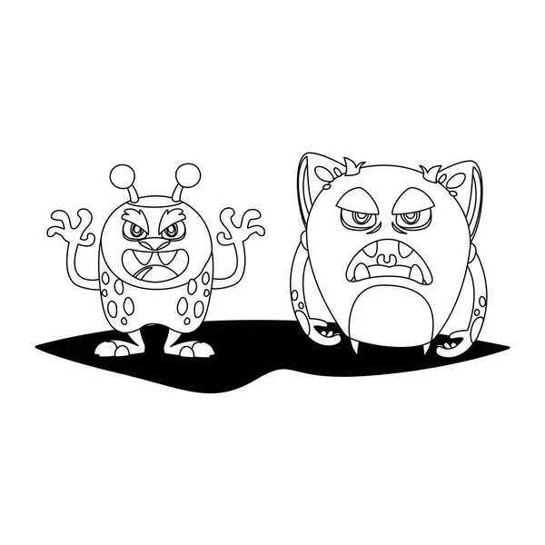 Divertidos monstruos pareja personajes cómicos monocromo — Vector de stock