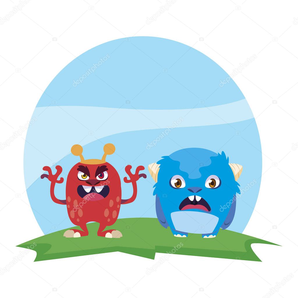 funny monsters couple in the field characters colorful