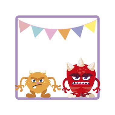 komik canavarlar ve çelenk asılı kare çerçeve