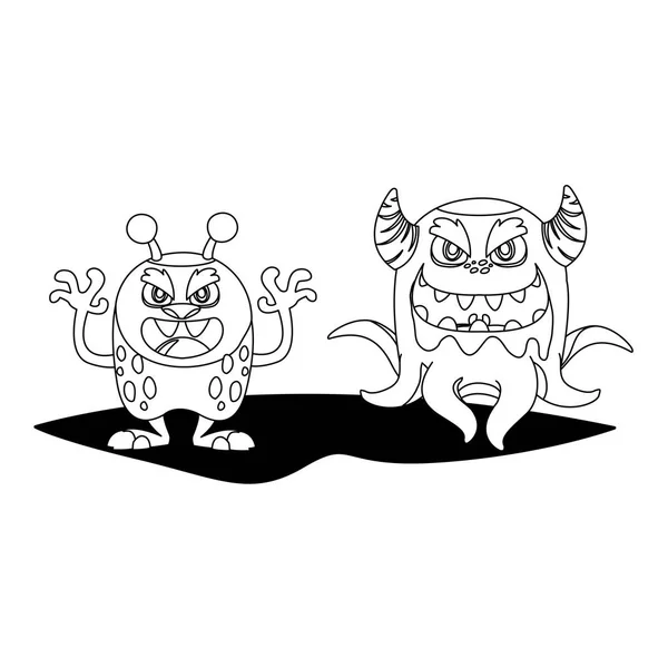 Roliga monster par komiska karaktärer svartvitt — Stock vektor