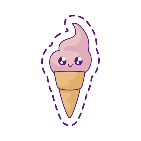 Patch of delicious ice cream in cone kawaii — Stock Vector