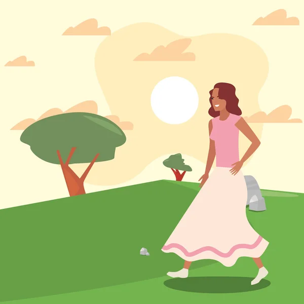 Mujer con árboles sol al aire libre — Vector de stock
