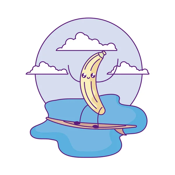 Banaan fruit met surfplank in zee kawaii — Stockvector