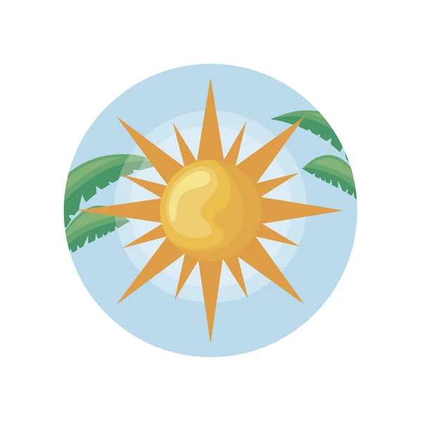 Sol caliente en marco circular con hojas tropicales — Vector de stock