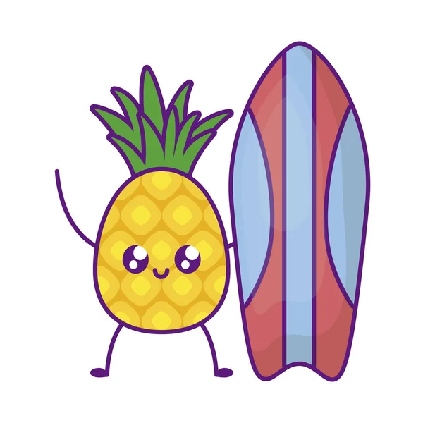 Pineapple fruit with surfboard kawaii — Stock Vector