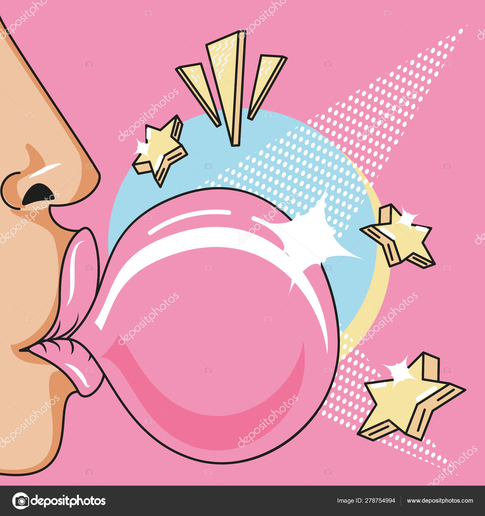 Woman Blowing Bubble With A Pink Bubble Gum And Pop Speech Bubble