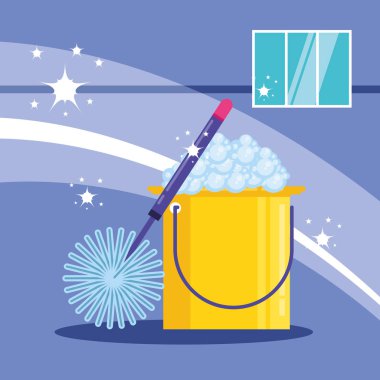 temizlik araçları ve köpük ile kova