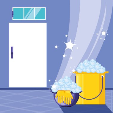 temizlik araçları ve köpük ile kova