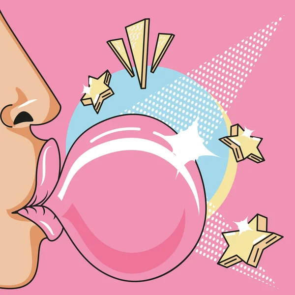 Lábios femininos soprando design de chiclete rosa —  Vetores de Stock