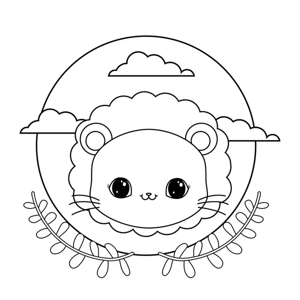 Löwenkopf im Rahmen kreisrund mit Blattkrone — Stockvektor