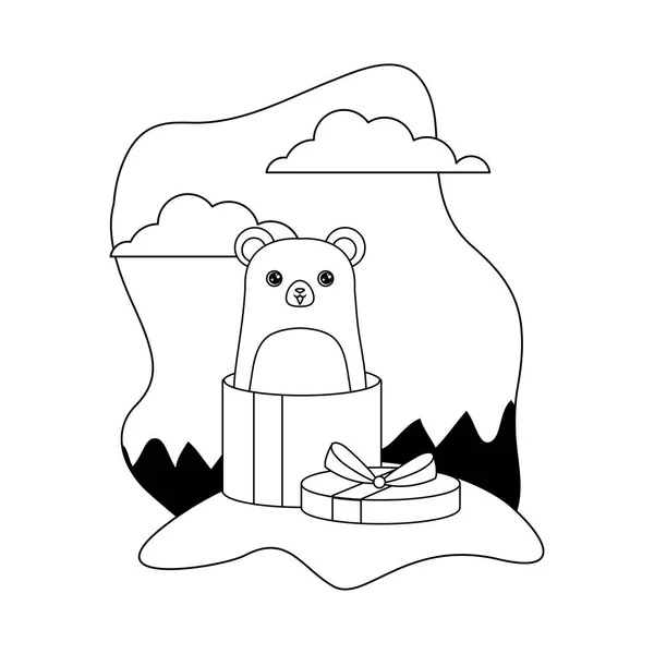 Lindo oso animal en caja de regalo en el paisaje — Vector de stock