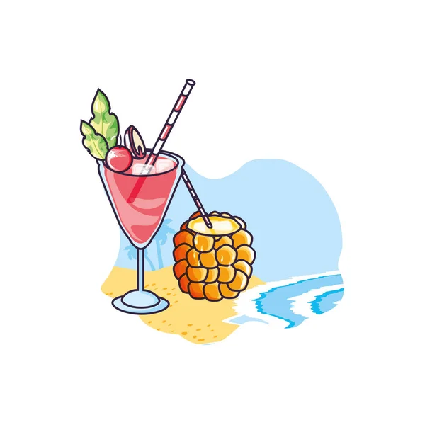 一套鸡尾酒热带在海滩上 — 图库矢量图片