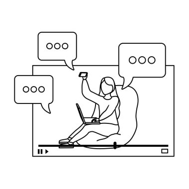 dizüstü bilgisayar ve konuşma kabarcıkları kullanarak oturan kadın