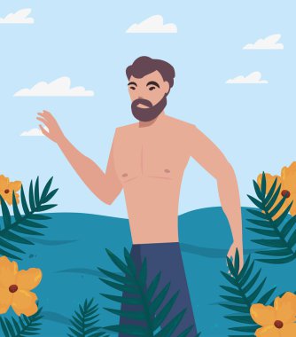 mayo tropik turist adam yaz çiçekleri yaprakları