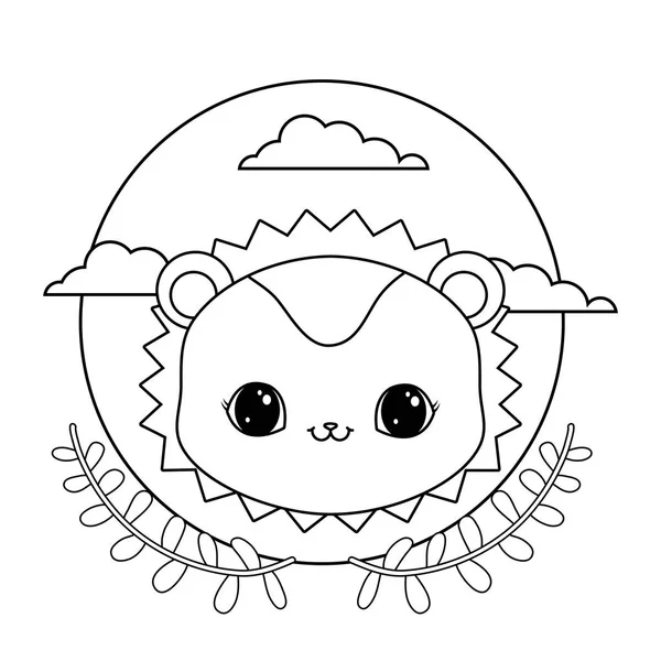 Cabeça de porco-espinho em armação circular com coroa de folhas — Vetor de Stock