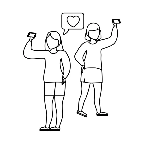 Gruppenfrauen machen Selfie mit Smartphone und Sprechblase — Stockvektor