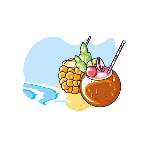 Cocktail d'ananas à la plage avec noix de coco — Image vectorielle