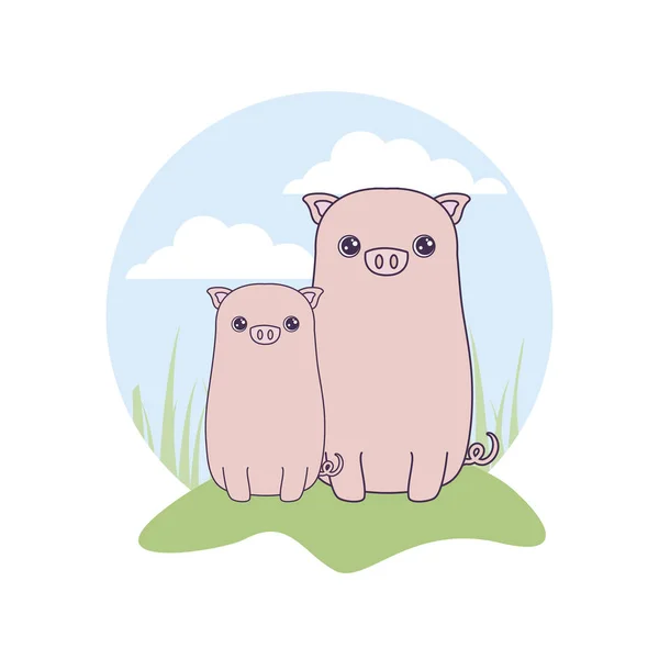 Cochons mignons animaux dans le paysage — Image vectorielle