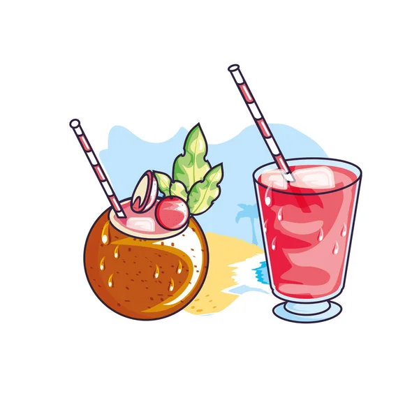 Bebida de coquetel tropical e coco —  Vetores de Stock
