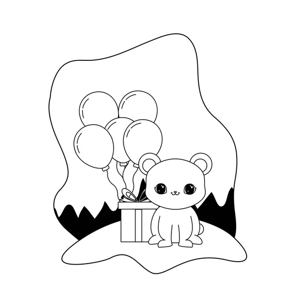 Urso bonito com caixa de presente e balões de hélio — Vetor de Stock
