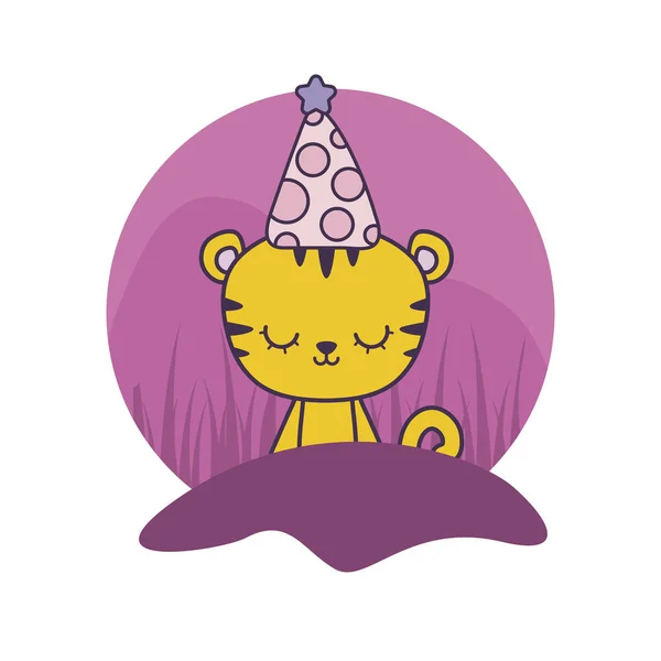 Drăguț tigru animal cu pălărie petrecere — Vector de stoc