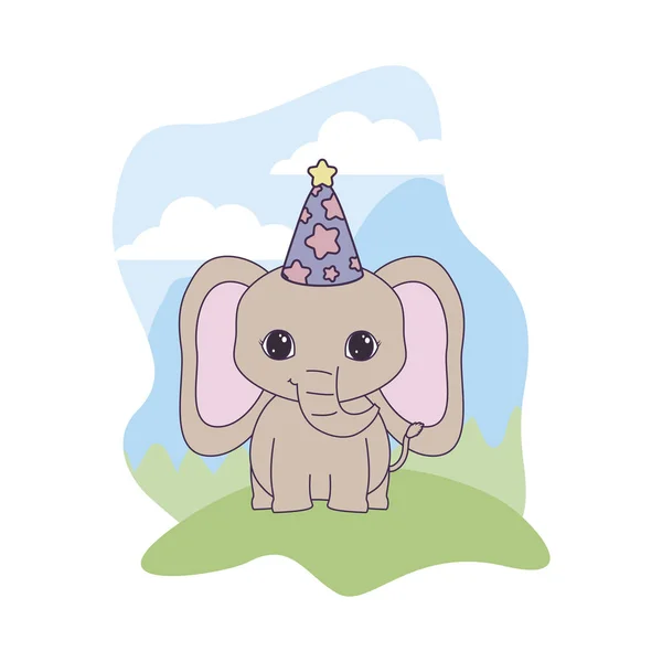 Χαριτωμένο ελέφαντα ζώο με καπέλο κόμμα σε τοπίο — Διανυσματικό Αρχείο