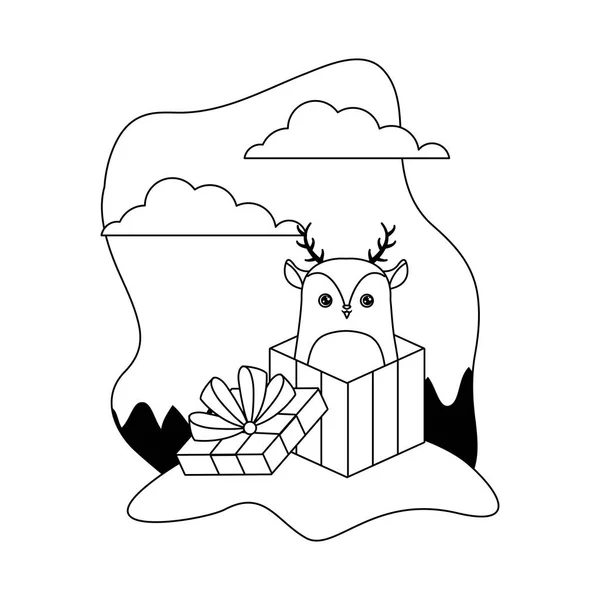 Cute reindeer animal in gift box in landscape — Stock Vector
