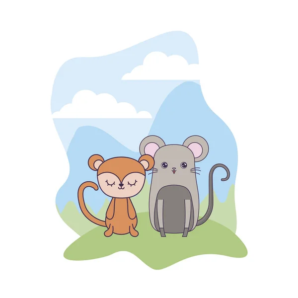 Lindo ratón con animales de mono en el paisaje — Vector de stock