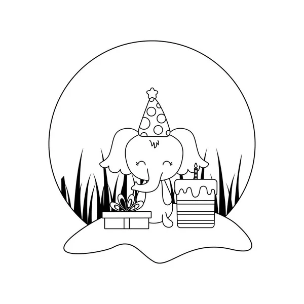 Elefante lindo con pastel de cumpleaños y caja de regalo — Vector de stock